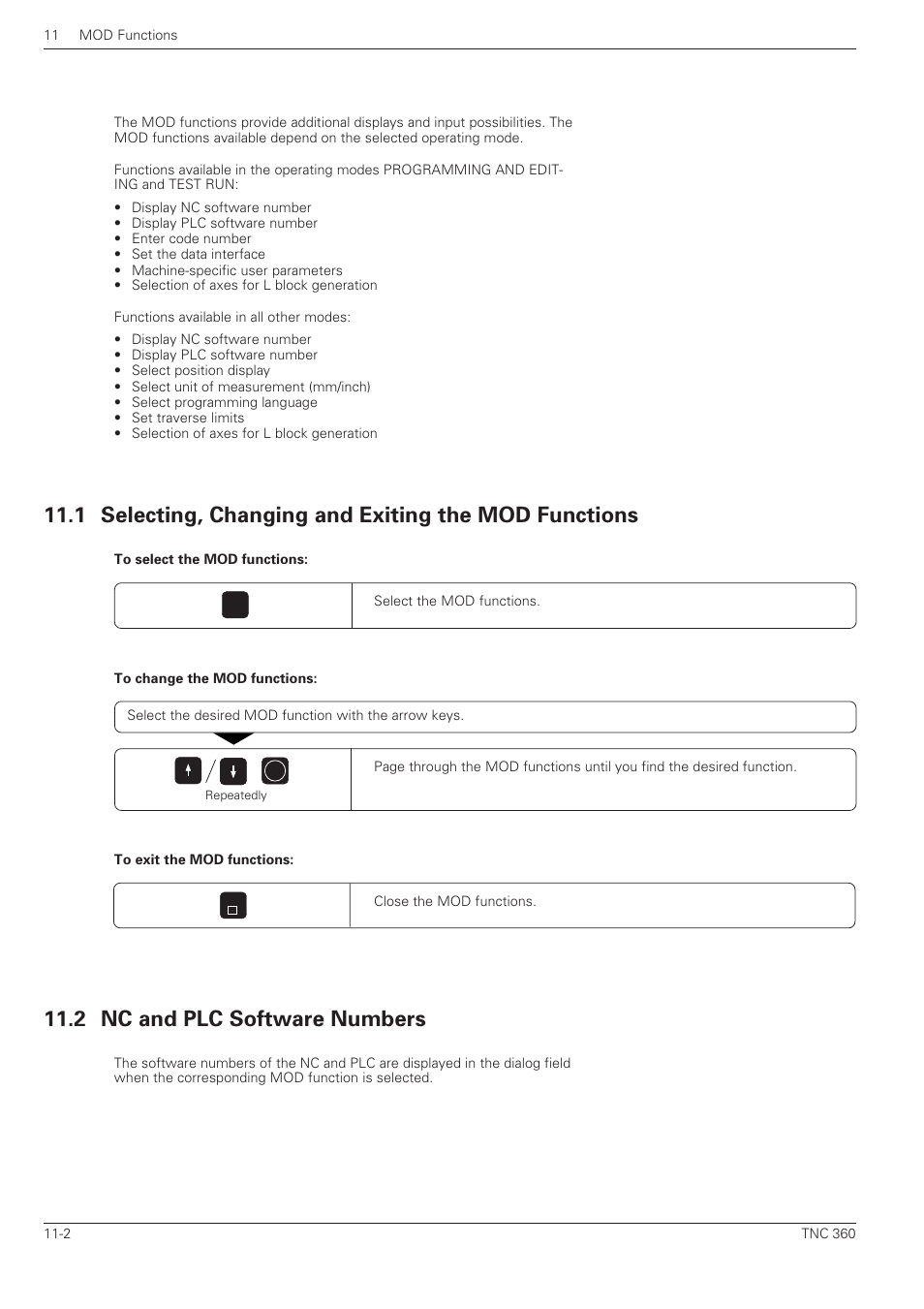 Mod functions, 2 nc and plc software numbers -2, 2 nc and plc software numbers | HEIDENHAIN TNC 360 User Manual User Manual | Page 207 / 237