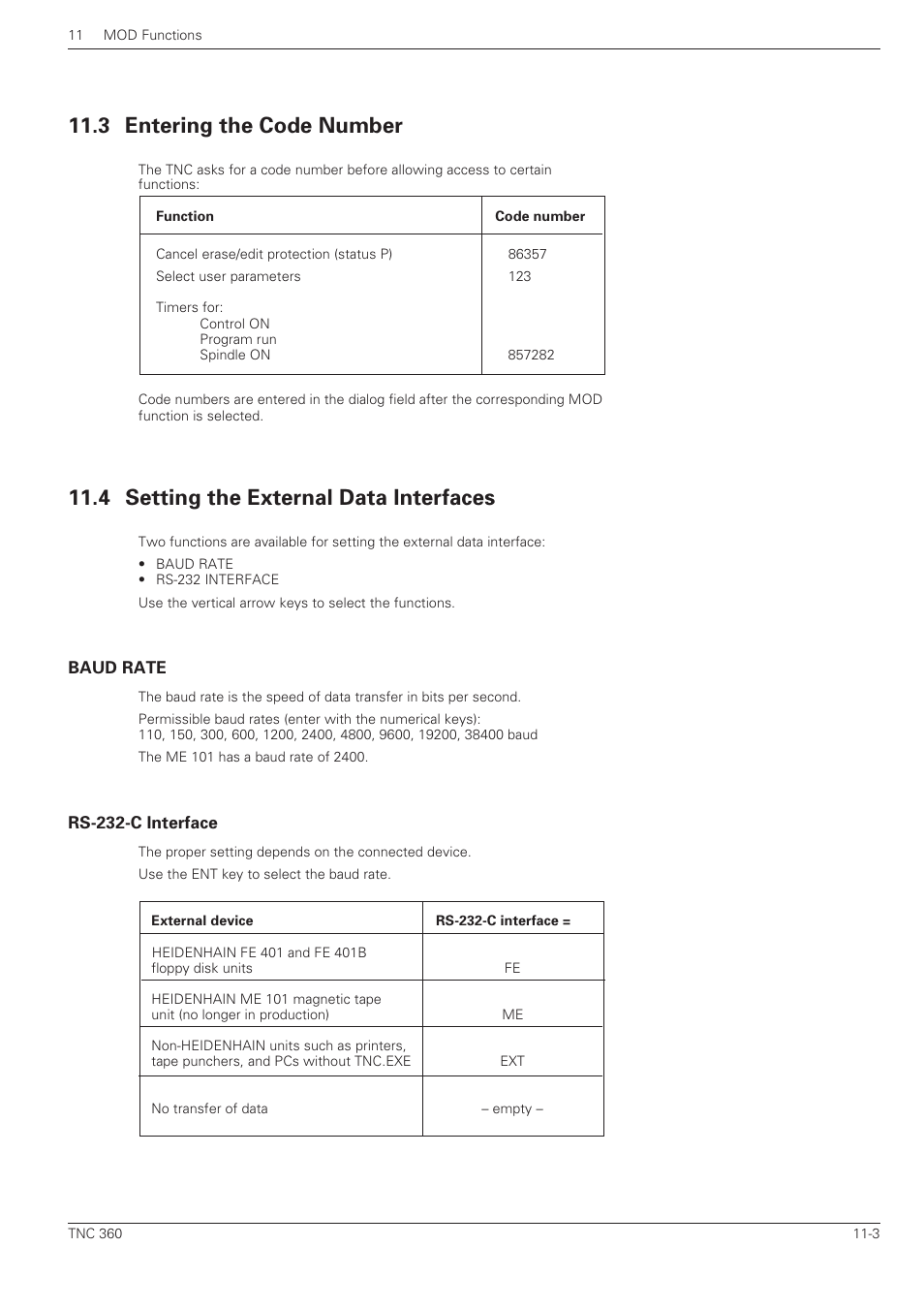 3 entering the code number -3, 4 setting the external data interfaces -3, Baud rate | Rs-232-c interface, 3 entering the code number, 4 setting the external data interfaces | HEIDENHAIN TNC 360 User Manual User Manual | Page 208 / 237