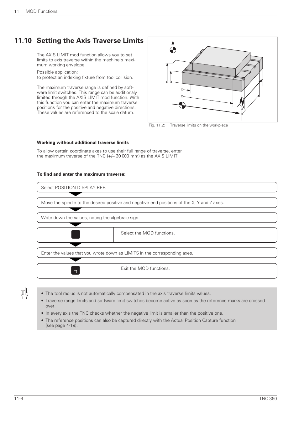 10 axis traverse limits -6, 10 setting the axis traverse limits, Yz x | HEIDENHAIN TNC 360 User Manual User Manual | Page 211 / 237
