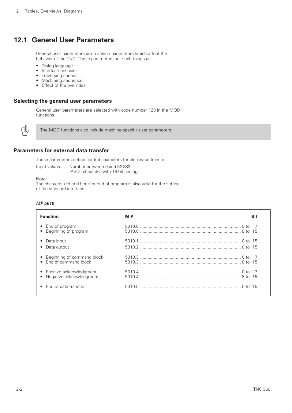 1 general user parameters -2, Selecting the general user parameters, Parameters for external data transfer | 1 general user parameters | HEIDENHAIN TNC 360 User Manual User Manual | Page 212 / 237