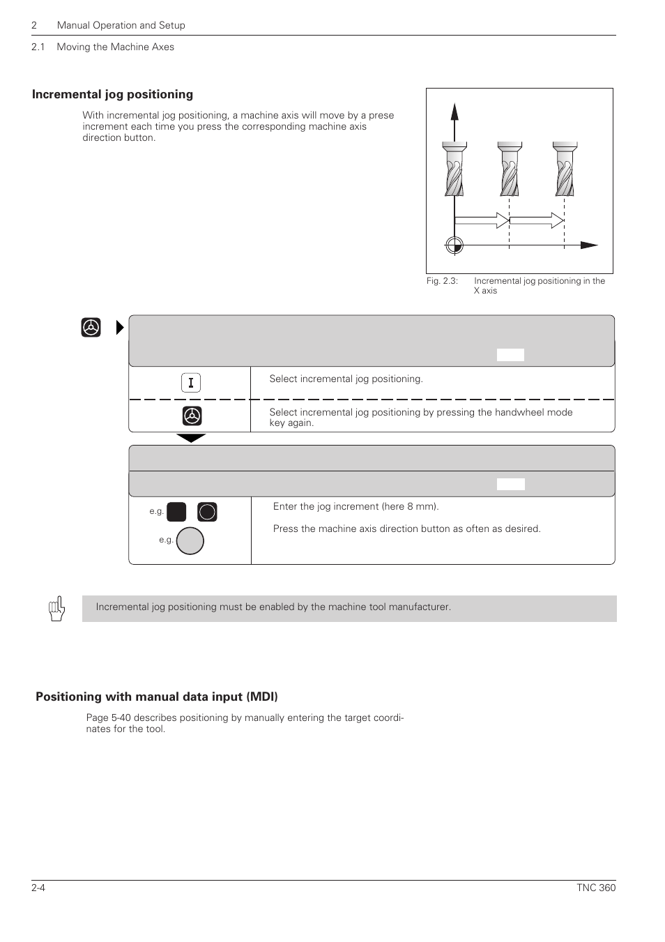 Incremental jog positioning, Positioning with manual data input (mdi) | HEIDENHAIN TNC 360 User Manual User Manual | Page 42 / 237