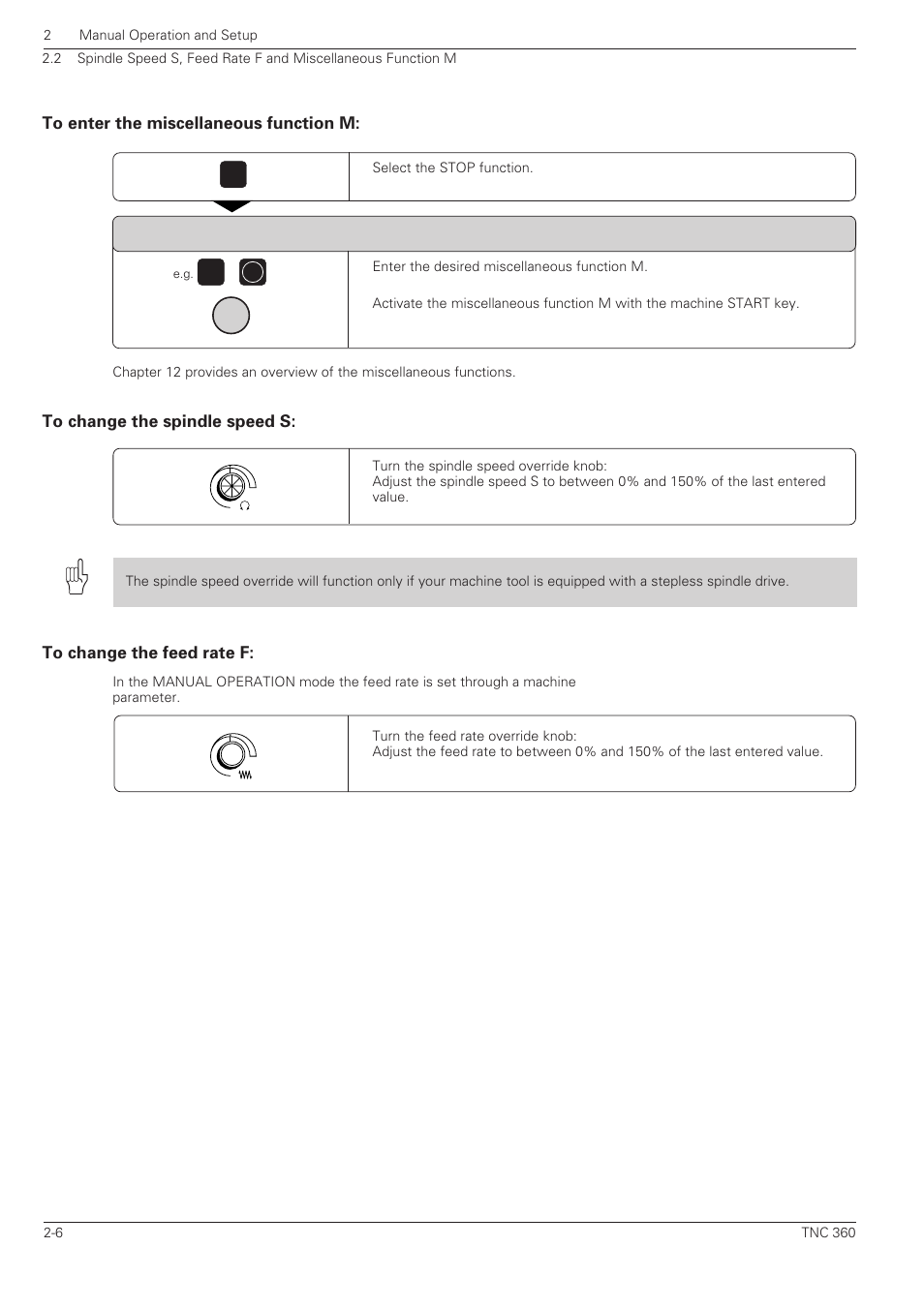 To enter the miscellaneous function m, To change the spindle speed s, To change the feed rate f | HEIDENHAIN TNC 360 User Manual User Manual | Page 44 / 237