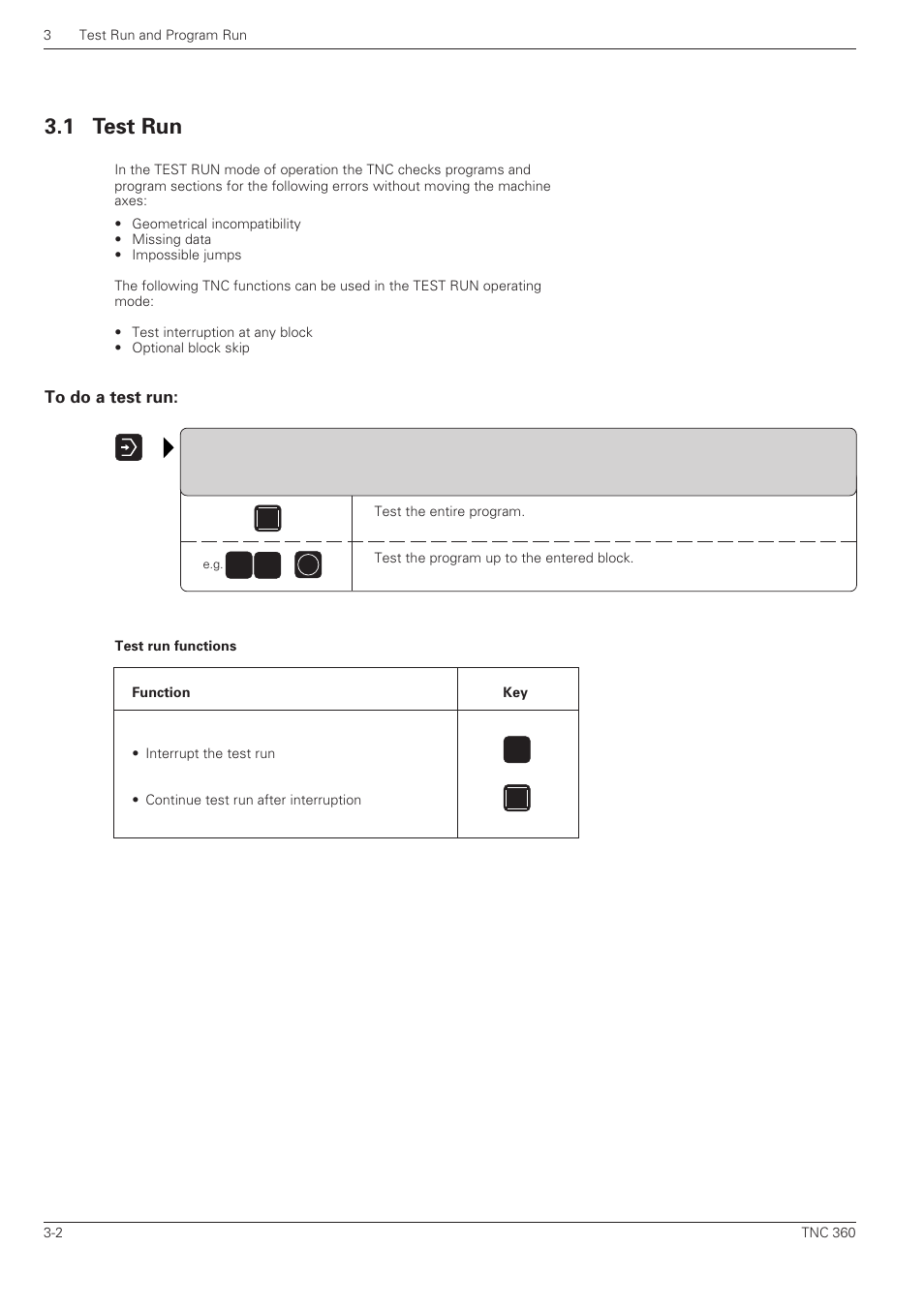 Test run, To do a test run, 1 test run | HEIDENHAIN TNC 360 User Manual User Manual | Page 61 / 237