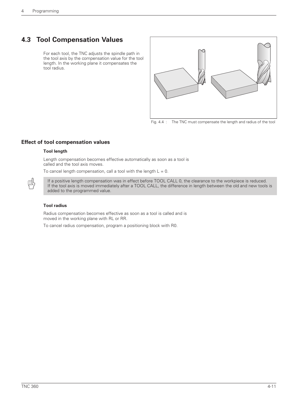 Tool compensation values -11, Effect of tool compensation values, 3 tool compensation values | HEIDENHAIN TNC 360 User Manual User Manual | Page 76 / 237