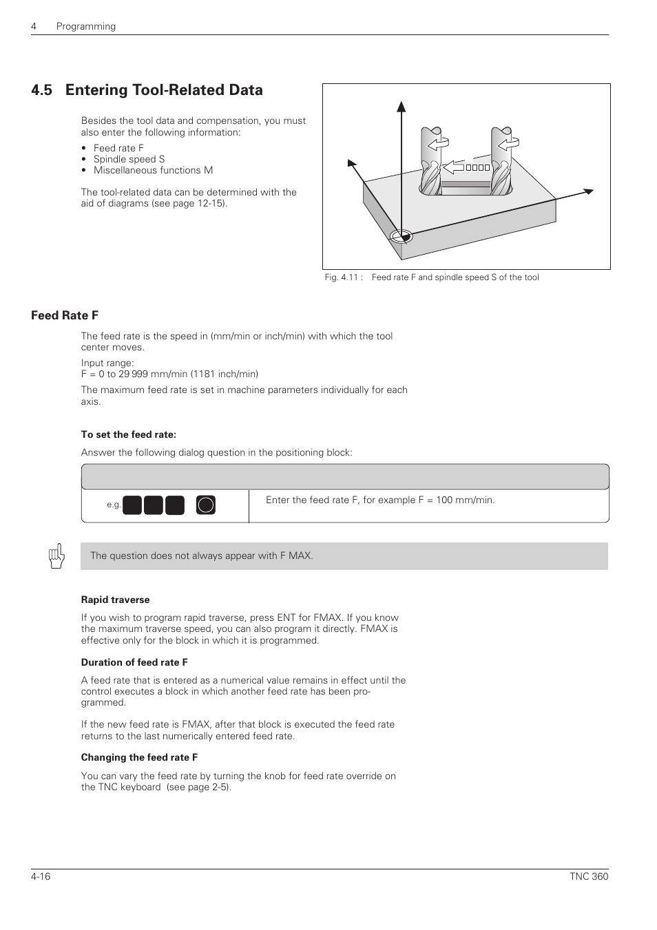 Entering tool-related data -16, Feed rate f, 5 entering tool-related data | Yx z | HEIDENHAIN TNC 360 User Manual User Manual | Page 81 / 237