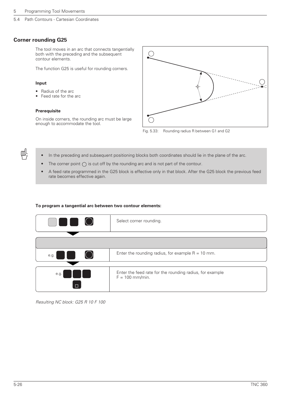 Corner rounding g25 -26 | HEIDENHAIN TNC 360 ISO Programming User Manual | Page 109 / 227