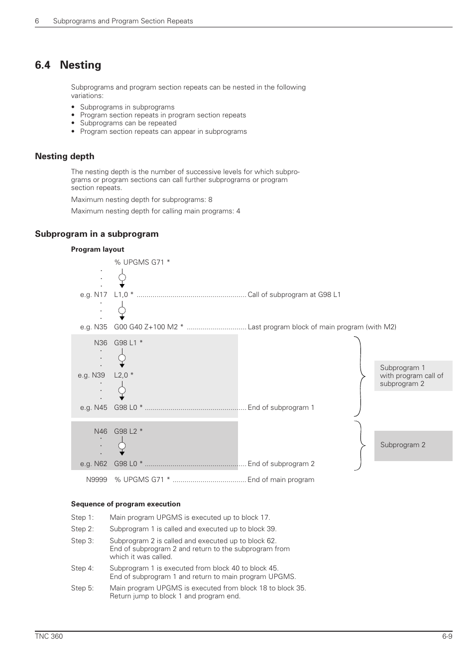 Nesting -9, Nesting depth -9 subprogram in a subprogram -9, 4 nesting | HEIDENHAIN TNC 360 ISO Programming User Manual | Page 132 / 227