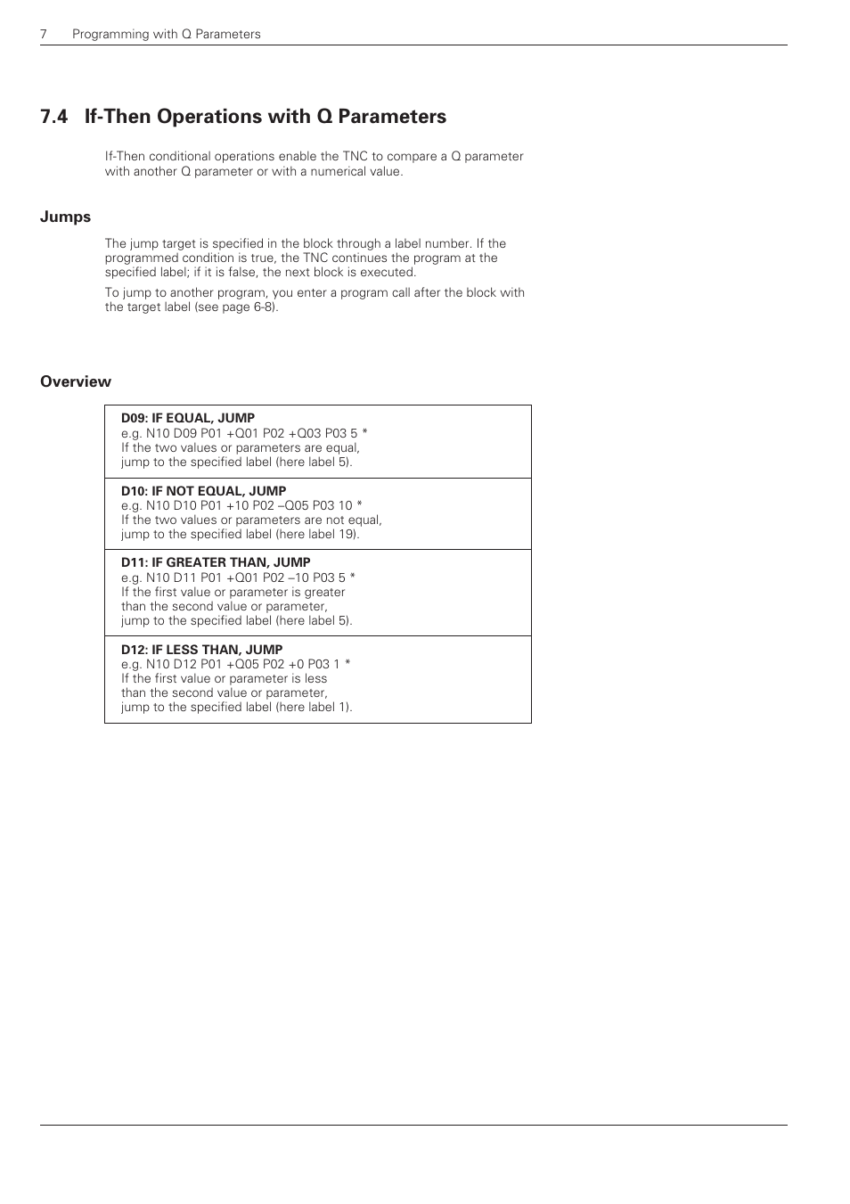 If-then operations with q parameters -8, Jumps, Overview -8 | 4 if-then operations with q parameters | HEIDENHAIN TNC 360 ISO Programming User Manual | Page 142 / 227