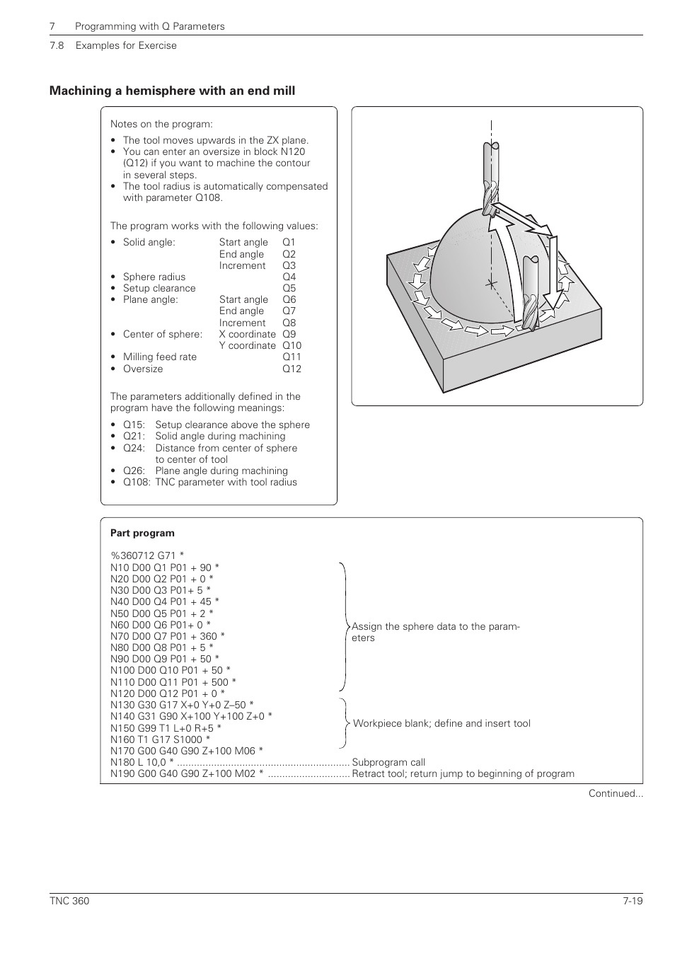 Machining a hemisphere with an end mill -19 | HEIDENHAIN TNC 360 ISO Programming User Manual | Page 153 / 227