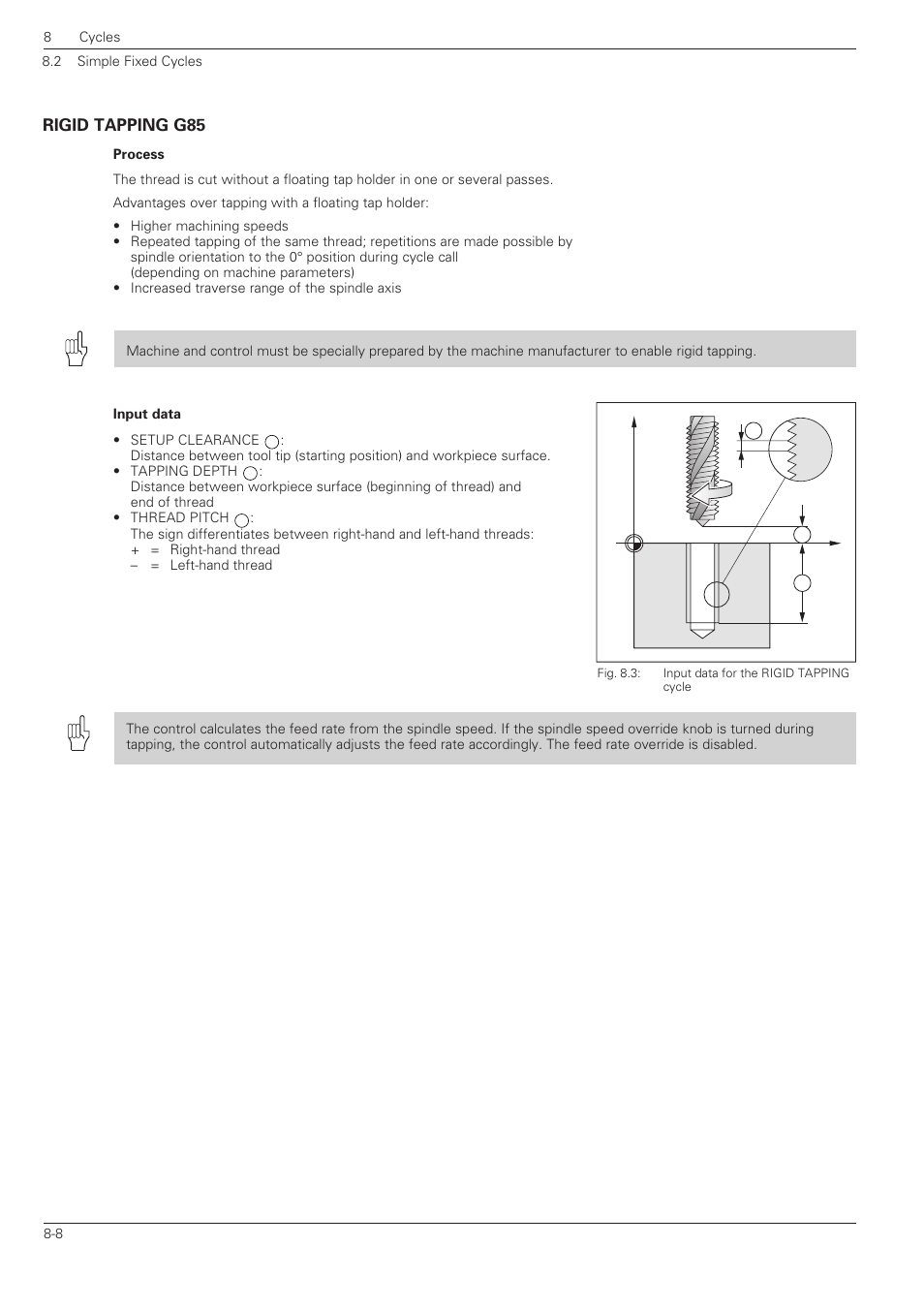Rigid tapping g85 -8 | HEIDENHAIN TNC 360 ISO Programming User Manual | Page 161 / 227