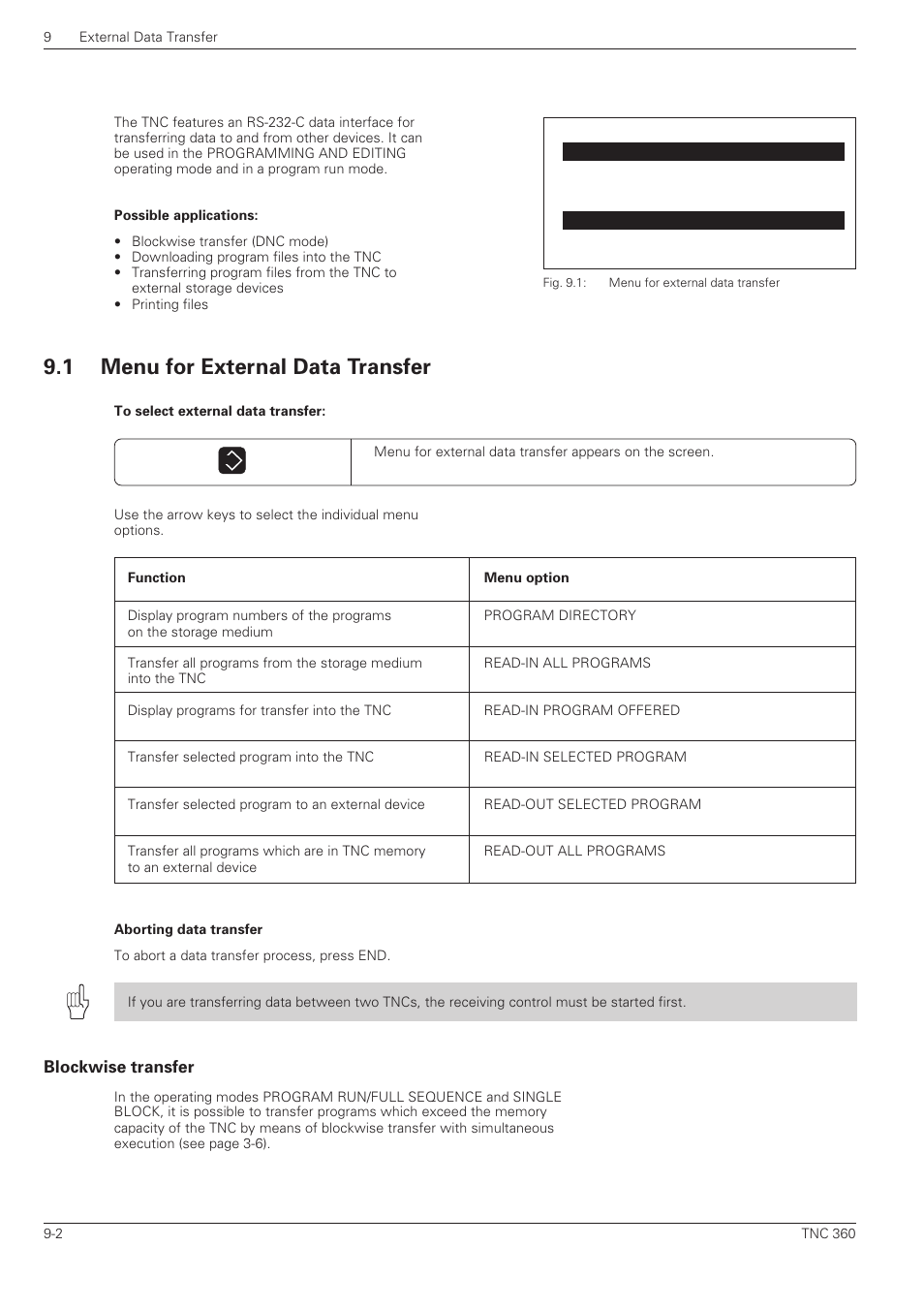 External data transfer, Menu for external data transfer -2, Blockwise transfer -2 | 1 menu for external data transfer | HEIDENHAIN TNC 360 ISO Programming User Manual | Page 193 / 227