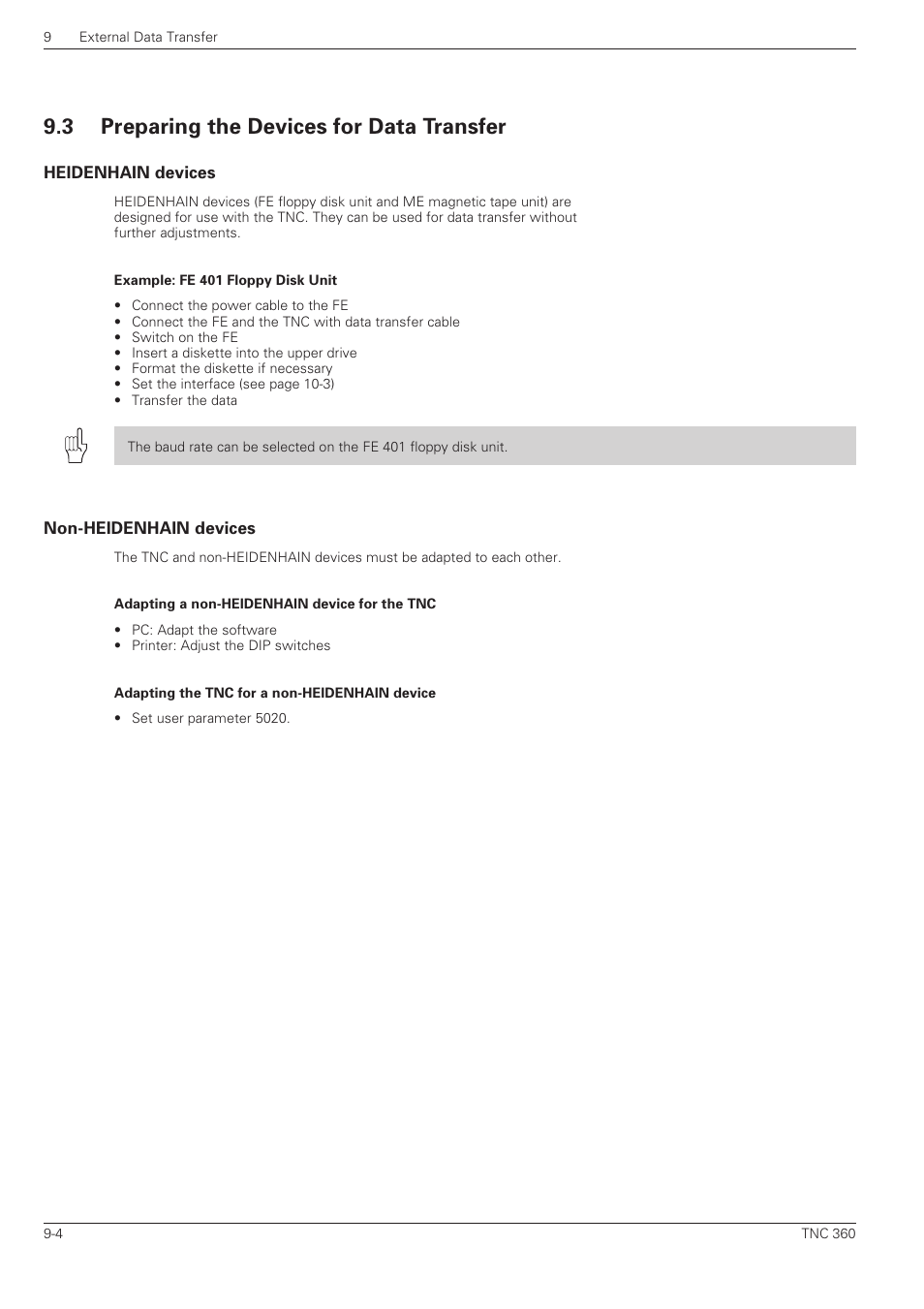 Preparing the devices for data transfer -4, Heidenhain devices -4 non-heidenhain devices -4, 3 preparing the devices for data transfer | HEIDENHAIN TNC 360 ISO Programming User Manual | Page 195 / 227