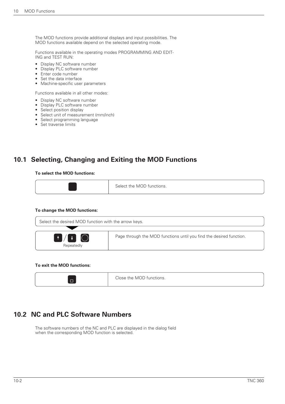 Mod functions, 2 nc and plc software numbers -2, 2 nc and plc software numbers | HEIDENHAIN TNC 360 ISO Programming User Manual | Page 196 / 227