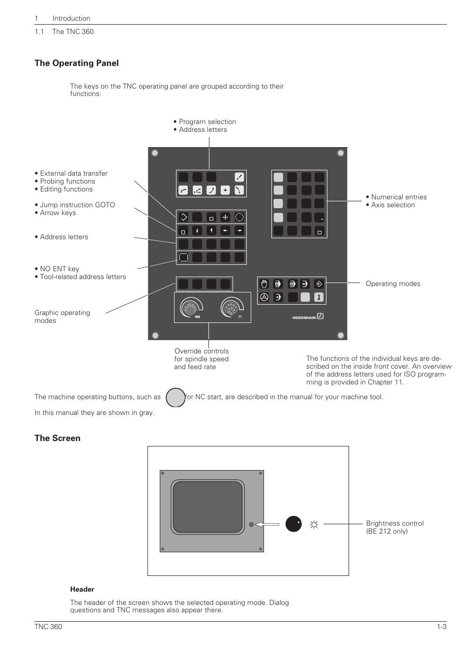 The operating panel -3 the screen -3, The operating panel, The screen | Numerical entries • axis selection operating modes | HEIDENHAIN TNC 360 ISO Programming User Manual | Page 20 / 227