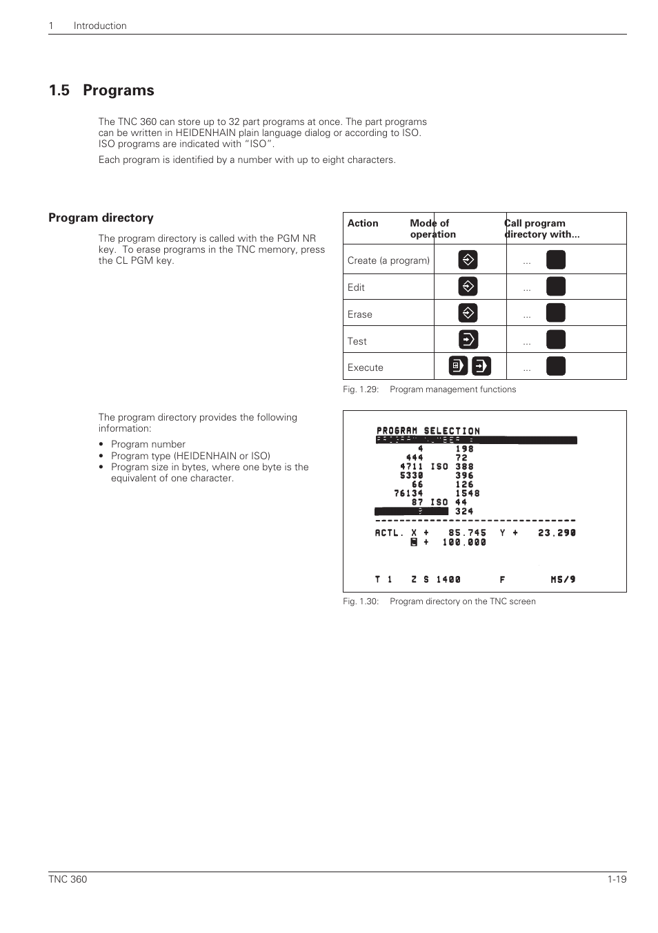 Programs -19, Program directory -19, 5 programs | Program directory | HEIDENHAIN TNC 360 ISO Programming User Manual | Page 36 / 227