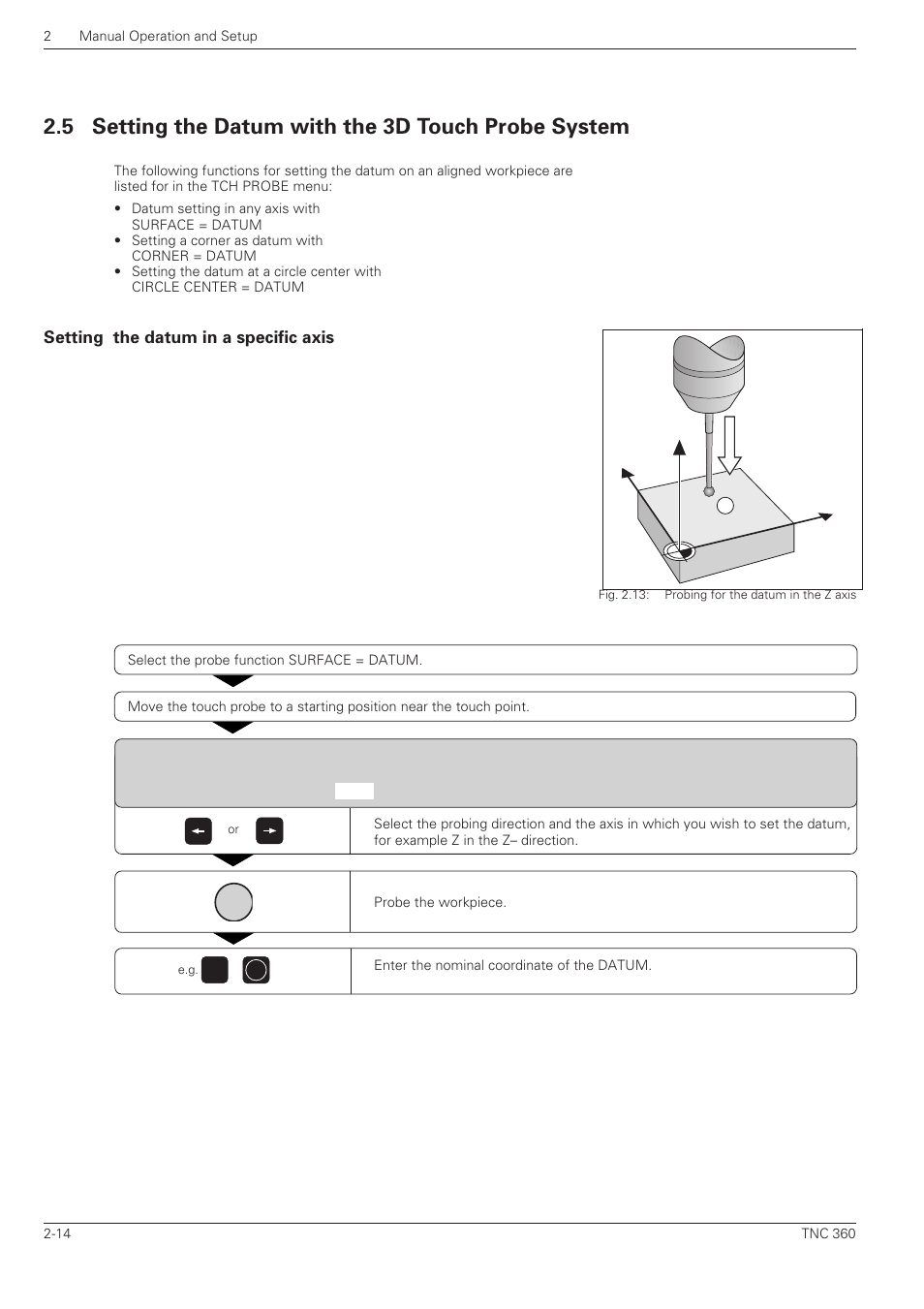 Setting the datum in a specific axis -14, 5 setting the datum with the 3d touch probe system, Yx z | HEIDENHAIN TNC 360 ISO Programming User Manual | Page 51 / 227