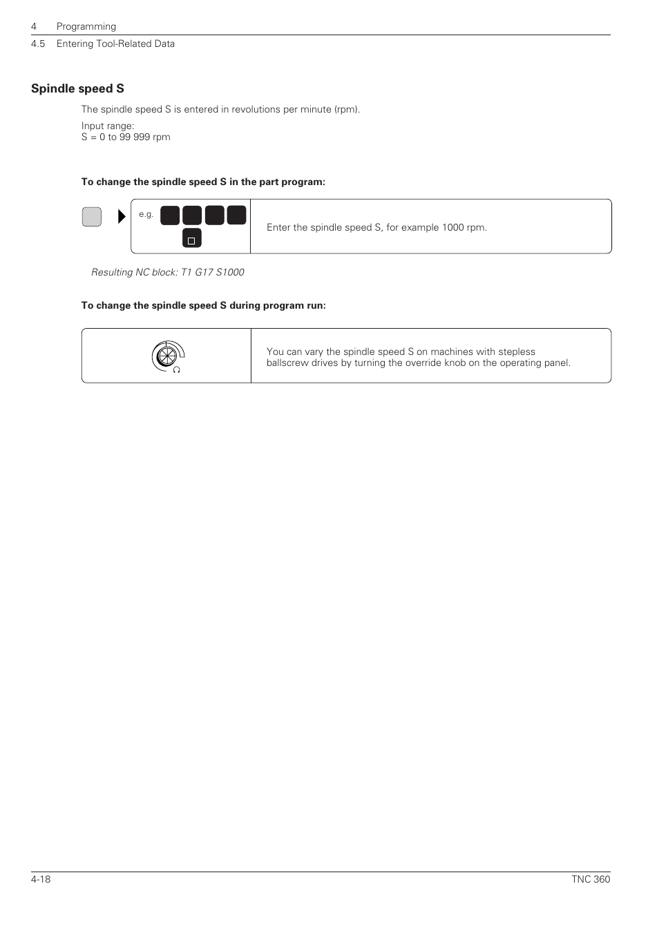 Spindle speed s -18 | HEIDENHAIN TNC 360 ISO Programming User Manual | Page 82 / 227