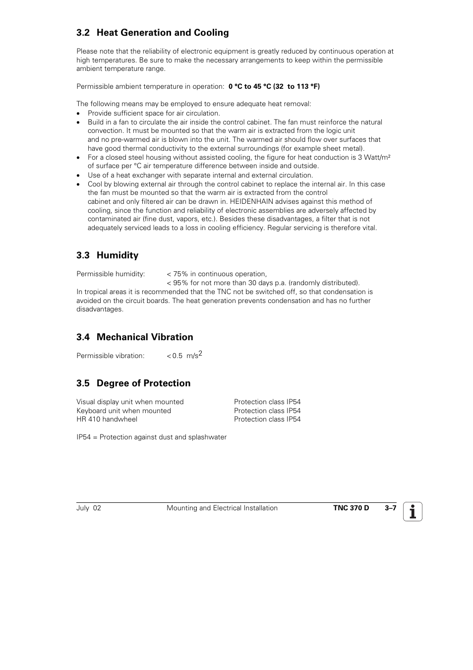 Heat generation and cooling, 3 humidity, 4 mechanical | Vibration, Degree of protection, 2 heat generation and cooling, 4 mechanical vibration, 5 degree of protection | HEIDENHAIN TNC 370D User Manual | Page 10 / 92