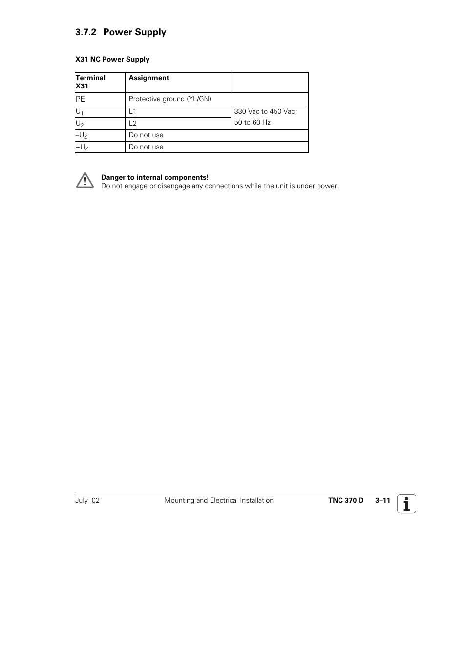 2 power, Supply, 2 power supply | HEIDENHAIN TNC 370D User Manual | Page 14 / 92