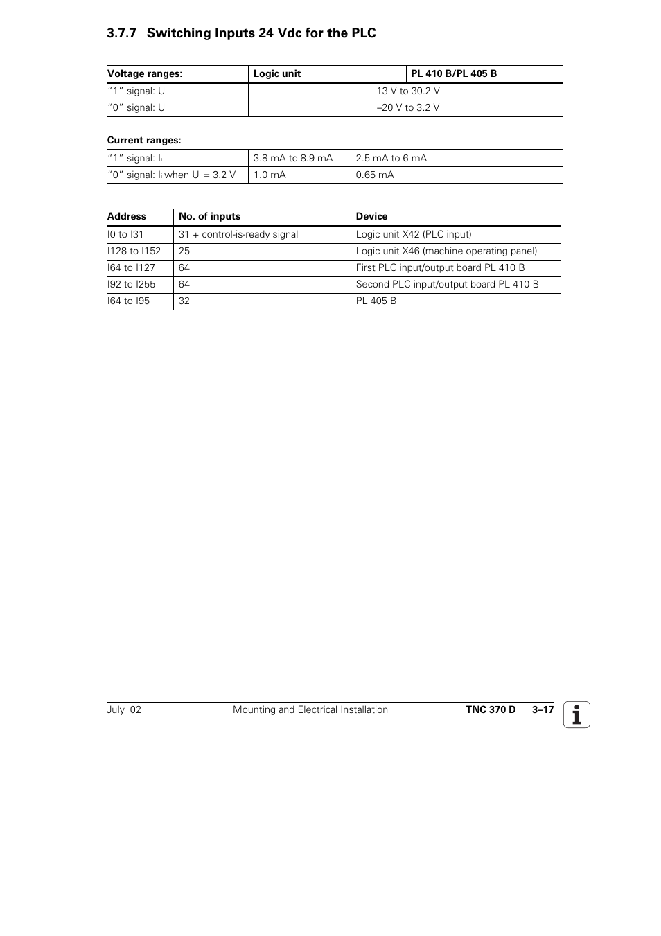 7 switching inputs 24 vdc for the plc | HEIDENHAIN TNC 370D User Manual | Page 20 / 92