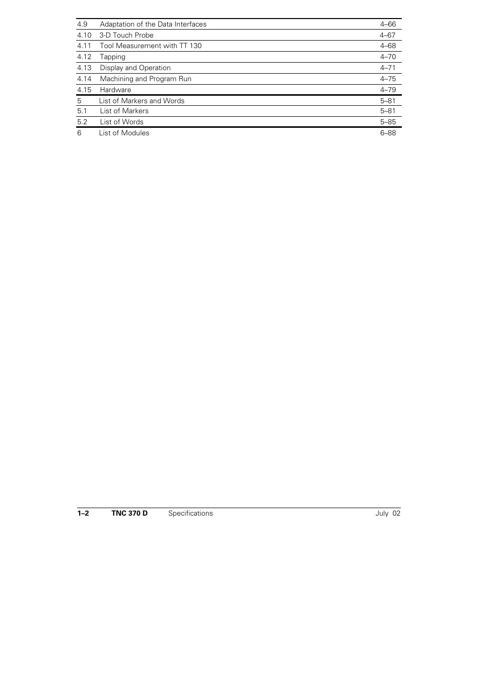 5list of markers and words5–81, 6list of modules6–88 | HEIDENHAIN TNC 370D User Manual | Page 3 / 92