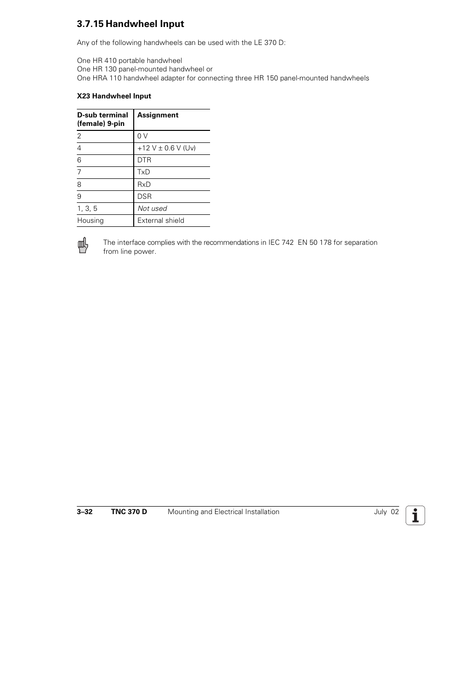 15 handwheel input | HEIDENHAIN TNC 370D User Manual | Page 35 / 92