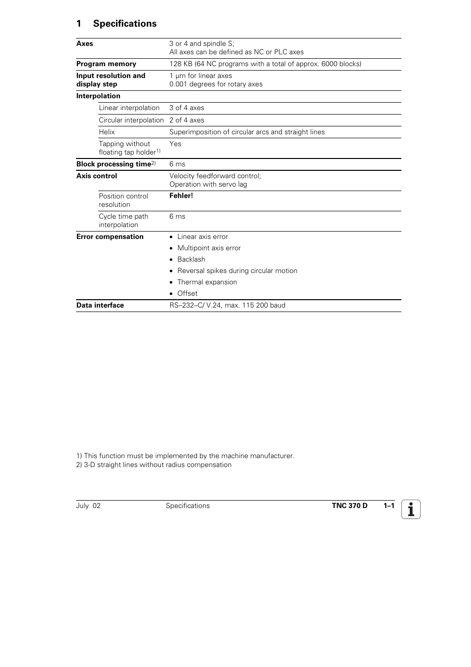 1 specifications | HEIDENHAIN TNC 370D User Manual | Page 4 / 92