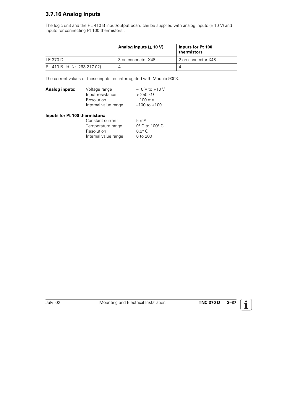 16 analog inputs | HEIDENHAIN TNC 370D User Manual | Page 40 / 92