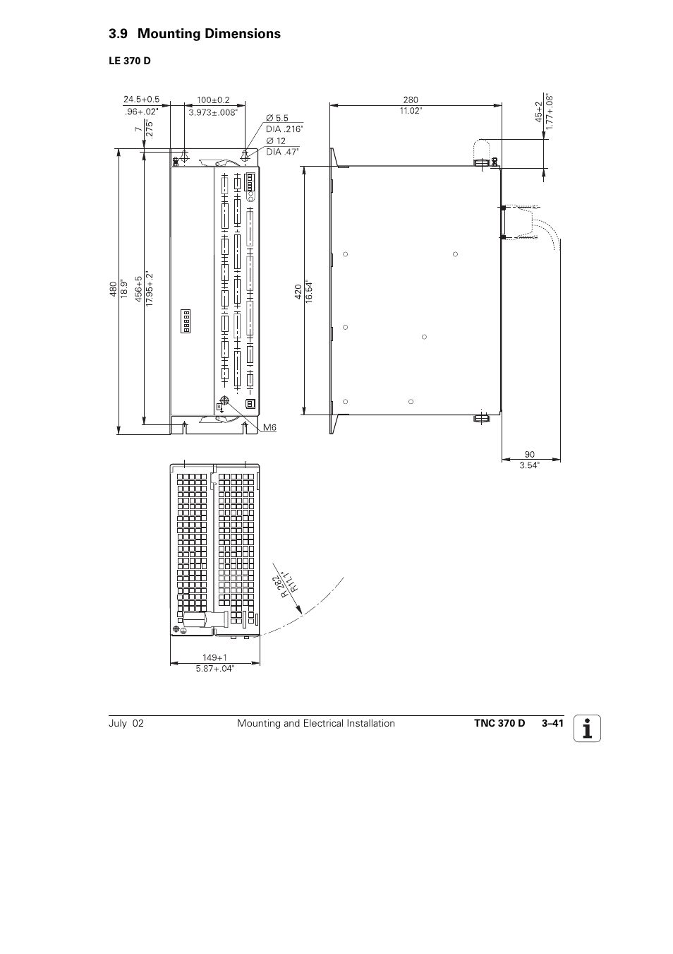 9 mounting, Dimensions, 9 mounting dimensions | HEIDENHAIN TNC 370D User Manual | Page 44 / 92