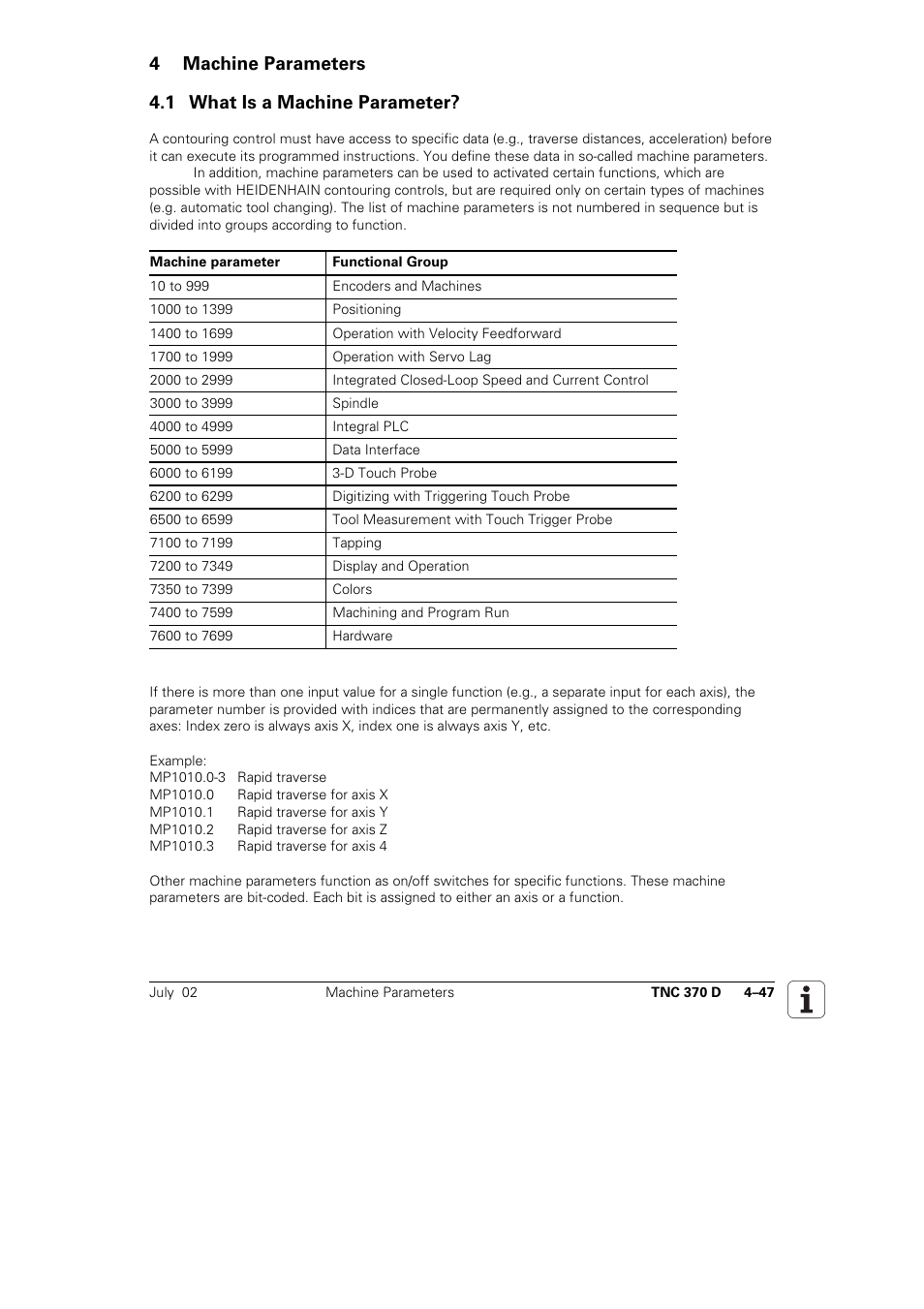 1 what is a machine parameter? 4–47, 4 machine parameters, 1 what is a machine parameter | HEIDENHAIN TNC 370D User Manual | Page 50 / 92