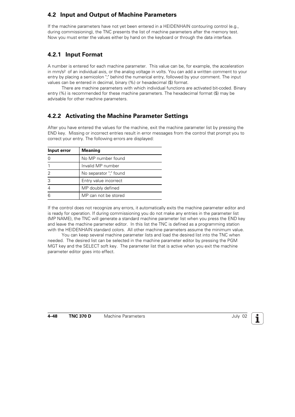 2 input and output of machine parameters 4–48, 1 input format 4–48, 2 activating the machine parameter settings 4–48 | 2 input and output of machine parameters, 1 input format, 2 activating the machine parameter settings | HEIDENHAIN TNC 370D User Manual | Page 51 / 92