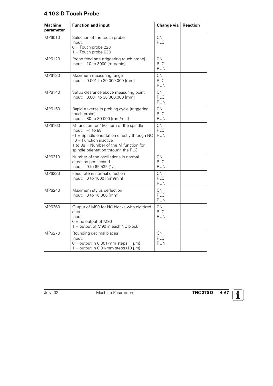 10 3-d touch probe 4–67, 10 3-d touch probe | HEIDENHAIN TNC 370D User Manual | Page 70 / 92