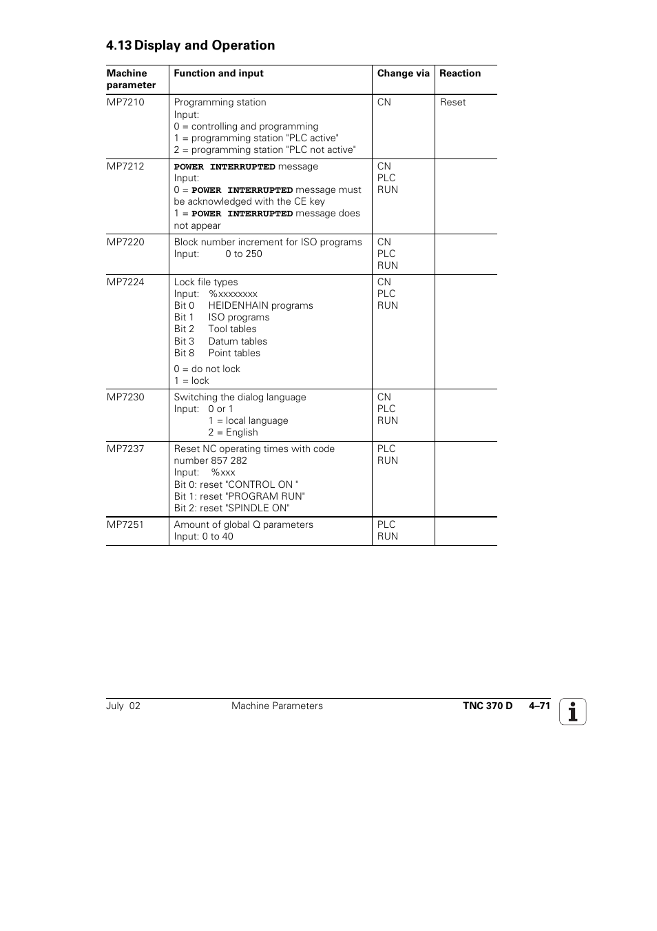 13 display and operation 4–71, 13 display and operation | HEIDENHAIN TNC 370D User Manual | Page 74 / 92