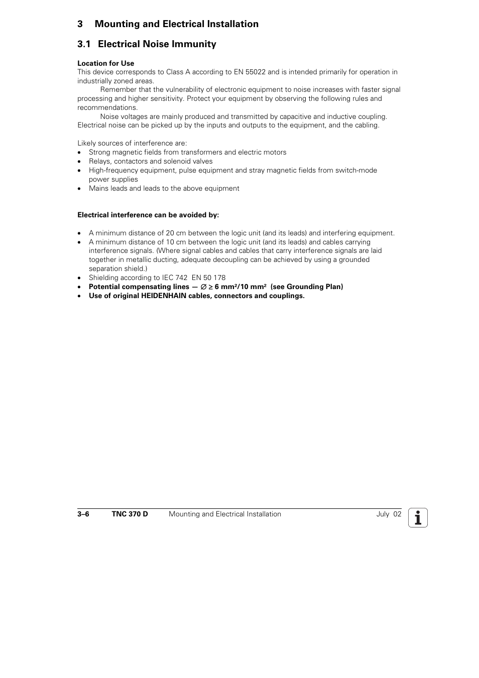 Mounting and electrical installation, Electrical noise immunity, 3mounting and electrical installation | 1 electrical noise immunity | HEIDENHAIN TNC 370D User Manual | Page 9 / 92