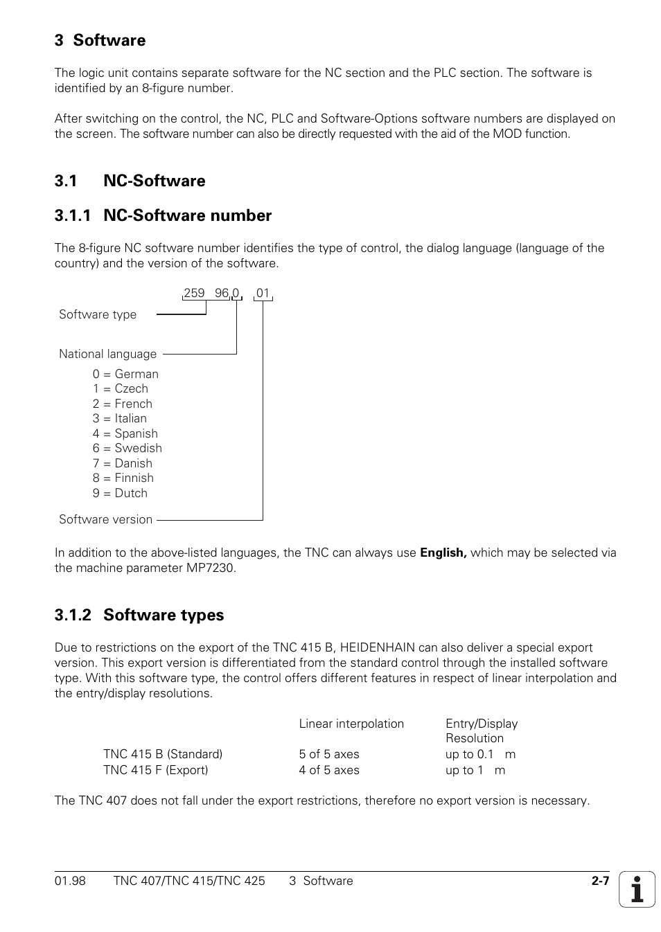 Software, 1 nc-software, Number | 2 software, Types, 3 software, 1 nc-software 3.1.1 nc-software number, 2 software types | HEIDENHAIN TNC 407 (243 020) Technical Manual User Manual | Page 11 / 752