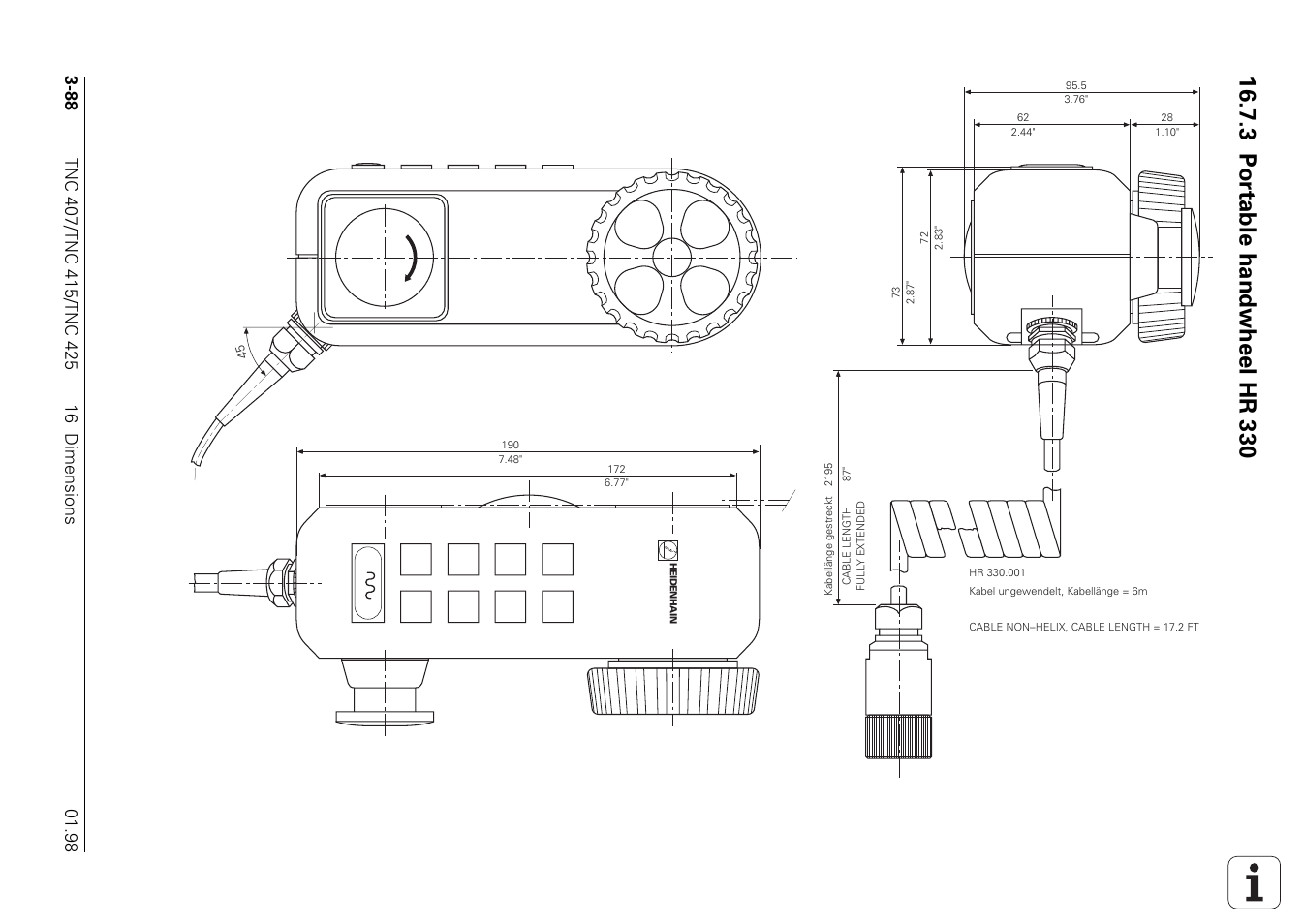 3 portable handwheel hr 330, See also the section "mounting dimensions, Z y x + v iv | HEIDENHAIN TNC 407 (243 020) Technical Manual User Manual | Page 117 / 752