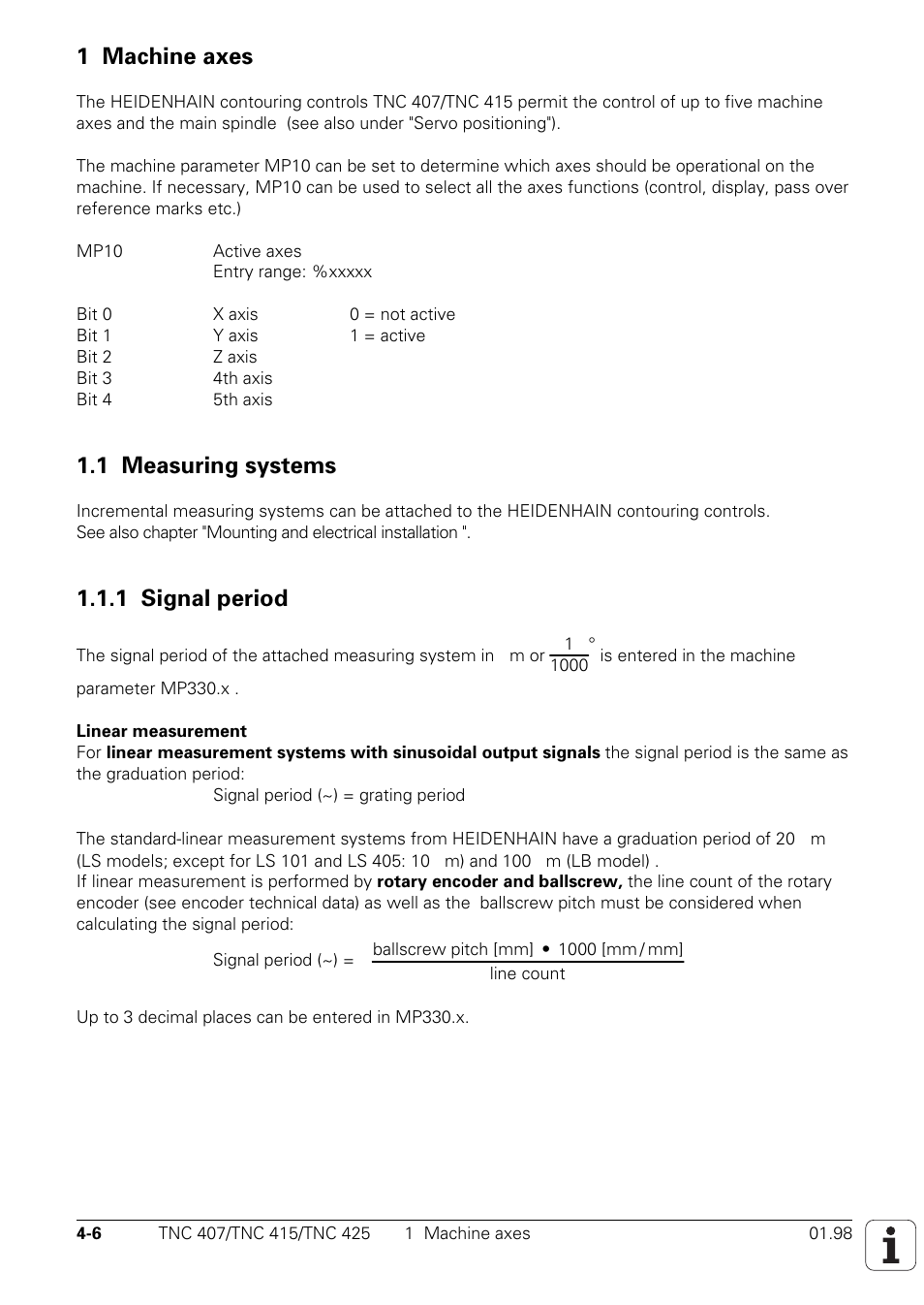 1 machine axes, 1 measuring systems, 1 signal period | HEIDENHAIN TNC 407 (243 020) Technical Manual User Manual | Page 131 / 752