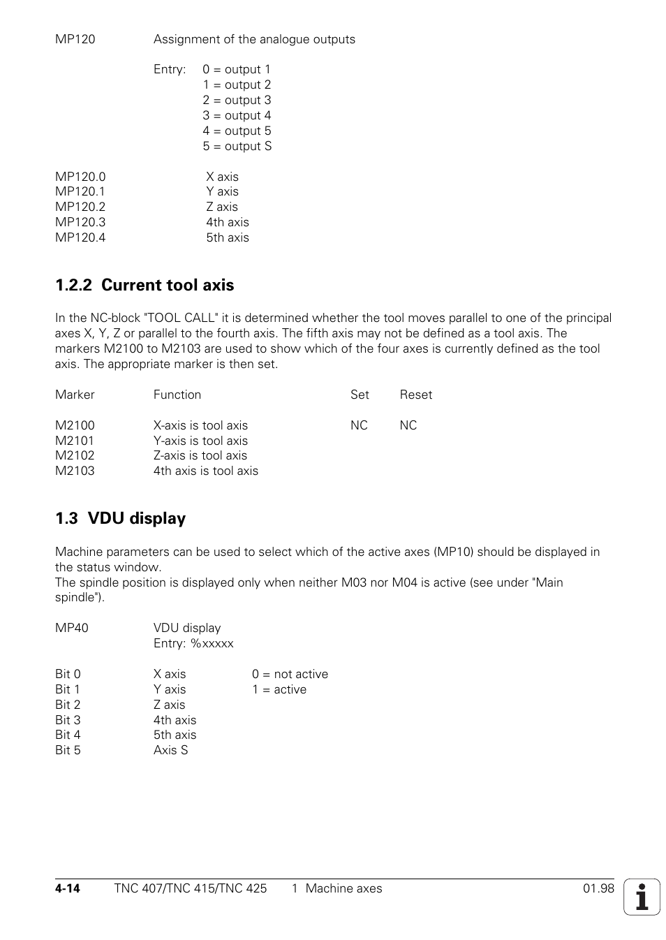 2 current tool axis, 3 vdu display | HEIDENHAIN TNC 407 (243 020) Technical Manual User Manual | Page 139 / 752