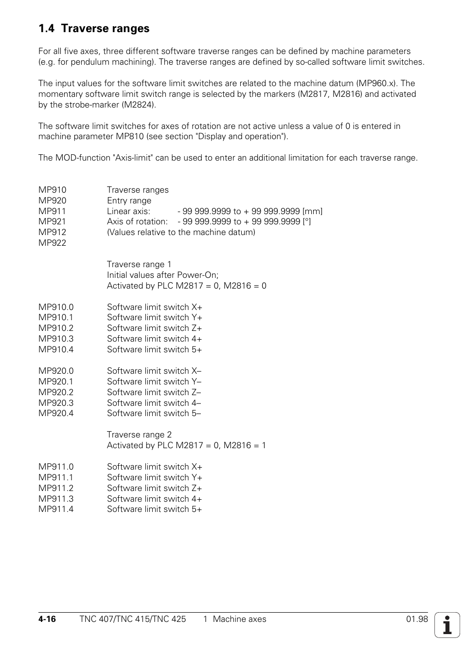 4 traverse ranges | HEIDENHAIN TNC 407 (243 020) Technical Manual User Manual | Page 141 / 752