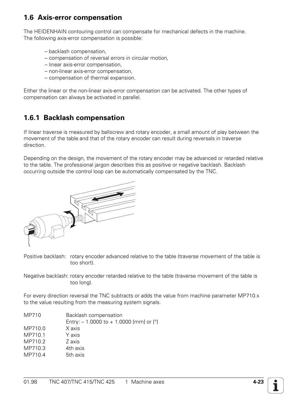 6 axis-error compensation, 1 backlash compensation | HEIDENHAIN TNC 407 (243 020) Technical Manual User Manual | Page 148 / 752