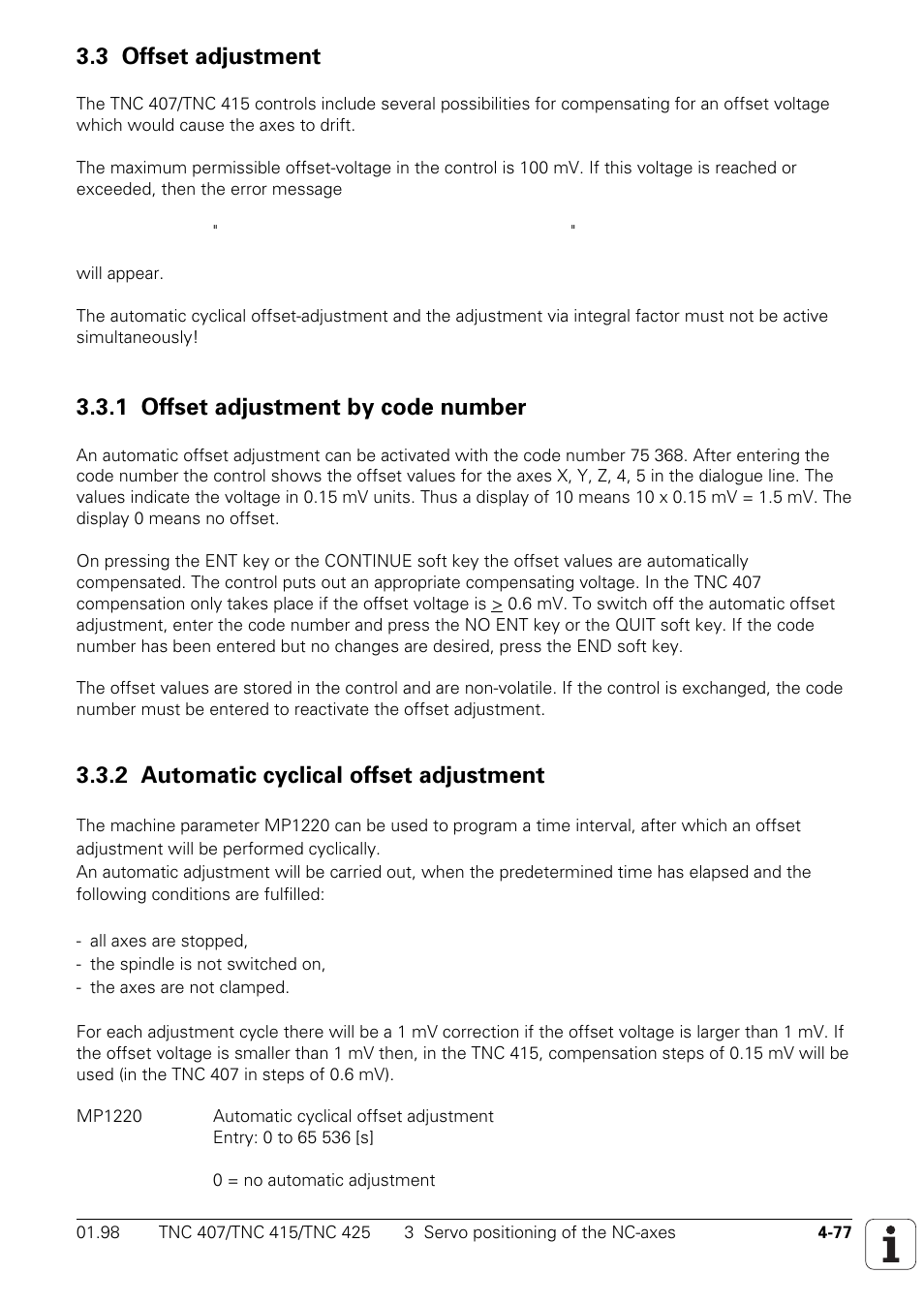 3 offset adjustment, 1 offset adjustment by code number, 2 automatic cyclical offset adjustment | HEIDENHAIN TNC 407 (243 020) Technical Manual User Manual | Page 202 / 752