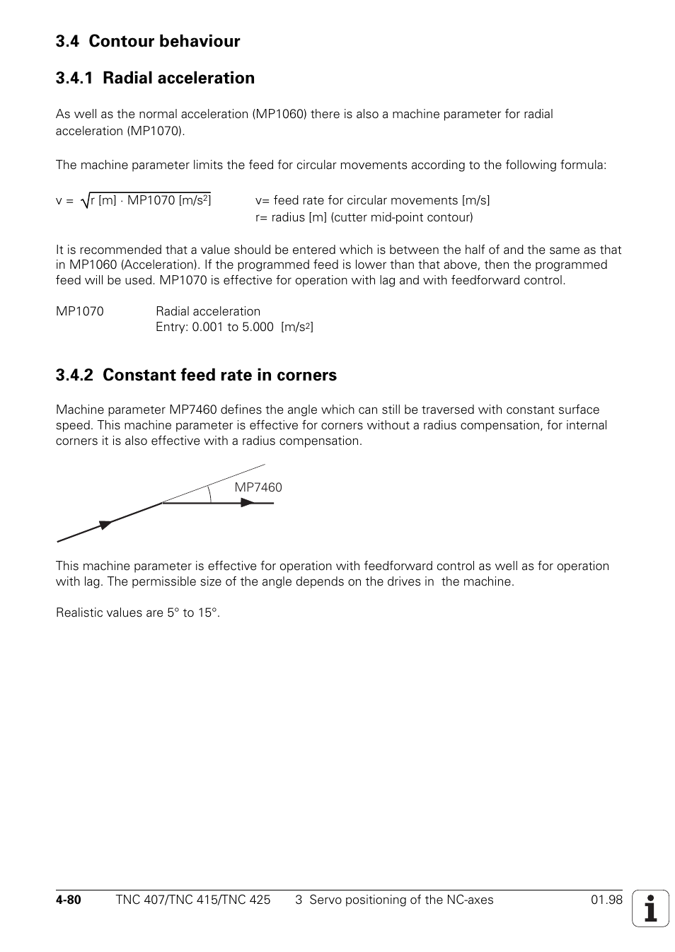 4 contour behaviour, 1 radial acceleration, 2 constant feed rate in corners | 4 contour behaviour 3.4.1 radial acceleration | HEIDENHAIN TNC 407 (243 020) Technical Manual User Manual | Page 205 / 752