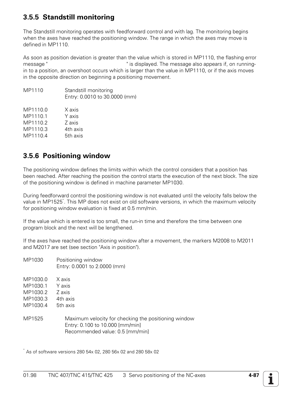 5 standstill monitoring, 6 positioning window | HEIDENHAIN TNC 407 (243 020) Technical Manual User Manual | Page 212 / 752