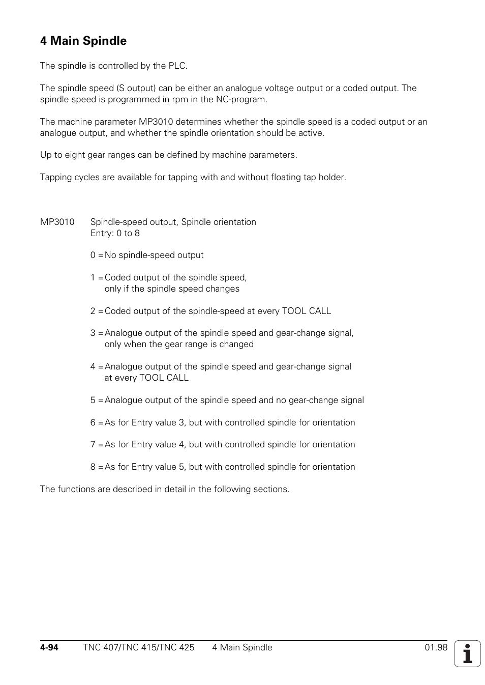 4 main spindle | HEIDENHAIN TNC 407 (243 020) Technical Manual User Manual | Page 219 / 752