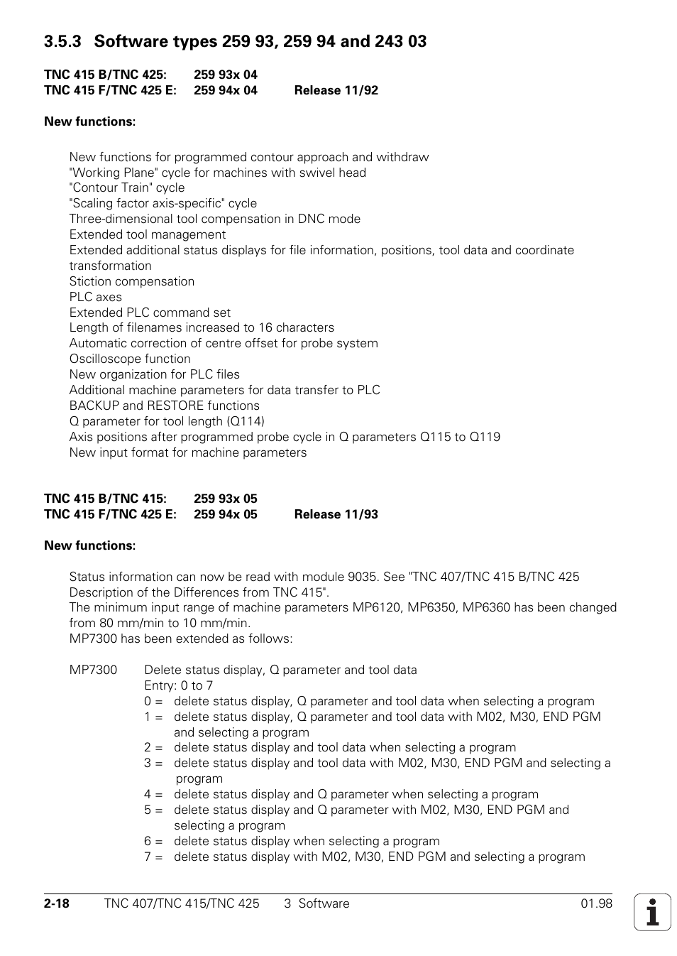 3 software types 259 93, 259 94 and 243 03 | HEIDENHAIN TNC 407 (243 020) Technical Manual User Manual | Page 22 / 752