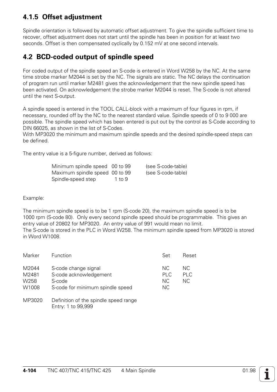 5 offset adjustment, 2 bcd-coded output of spindle speed | HEIDENHAIN TNC 407 (243 020) Technical Manual User Manual | Page 229 / 752