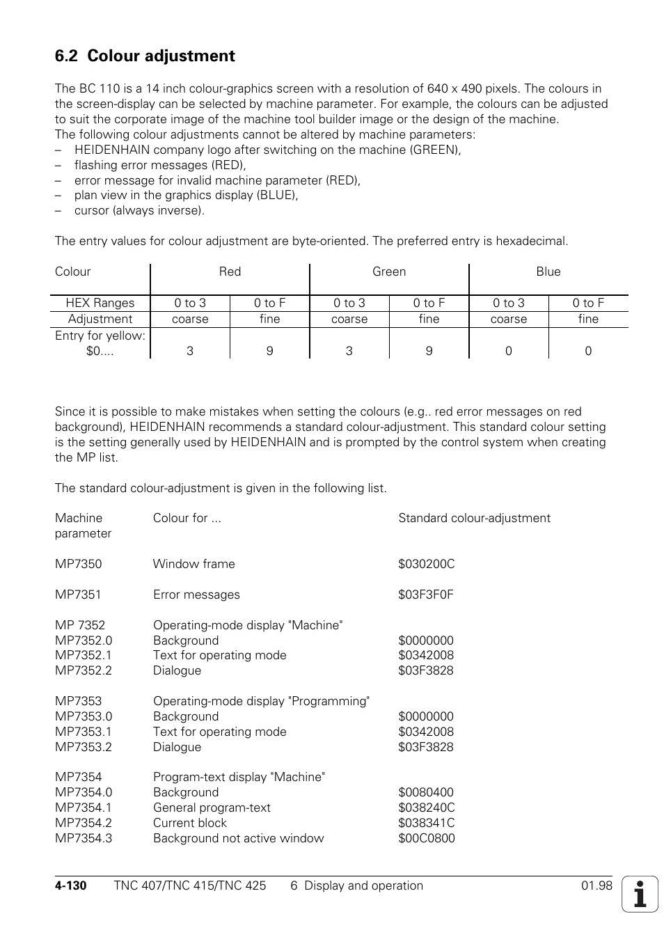 2 colour adjustment | HEIDENHAIN TNC 407 (243 020) Technical Manual User Manual | Page 255 / 752
