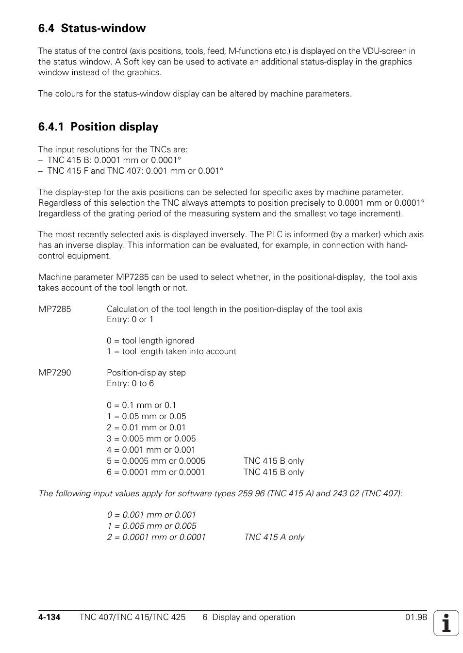 4 status-window, 1 position display | HEIDENHAIN TNC 407 (243 020) Technical Manual User Manual | Page 259 / 752