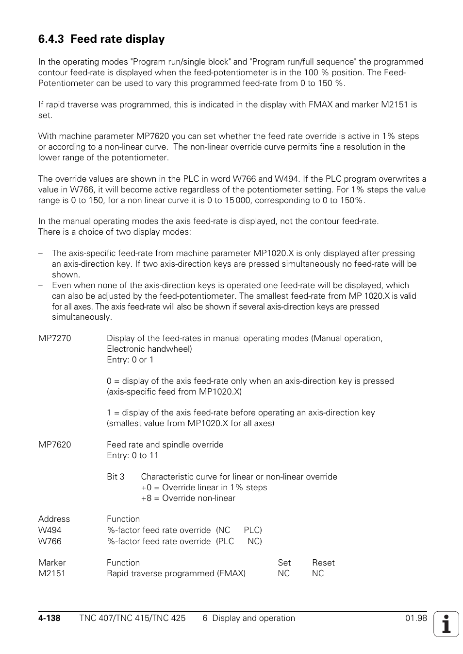 3 feed rate display | HEIDENHAIN TNC 407 (243 020) Technical Manual User Manual | Page 263 / 752