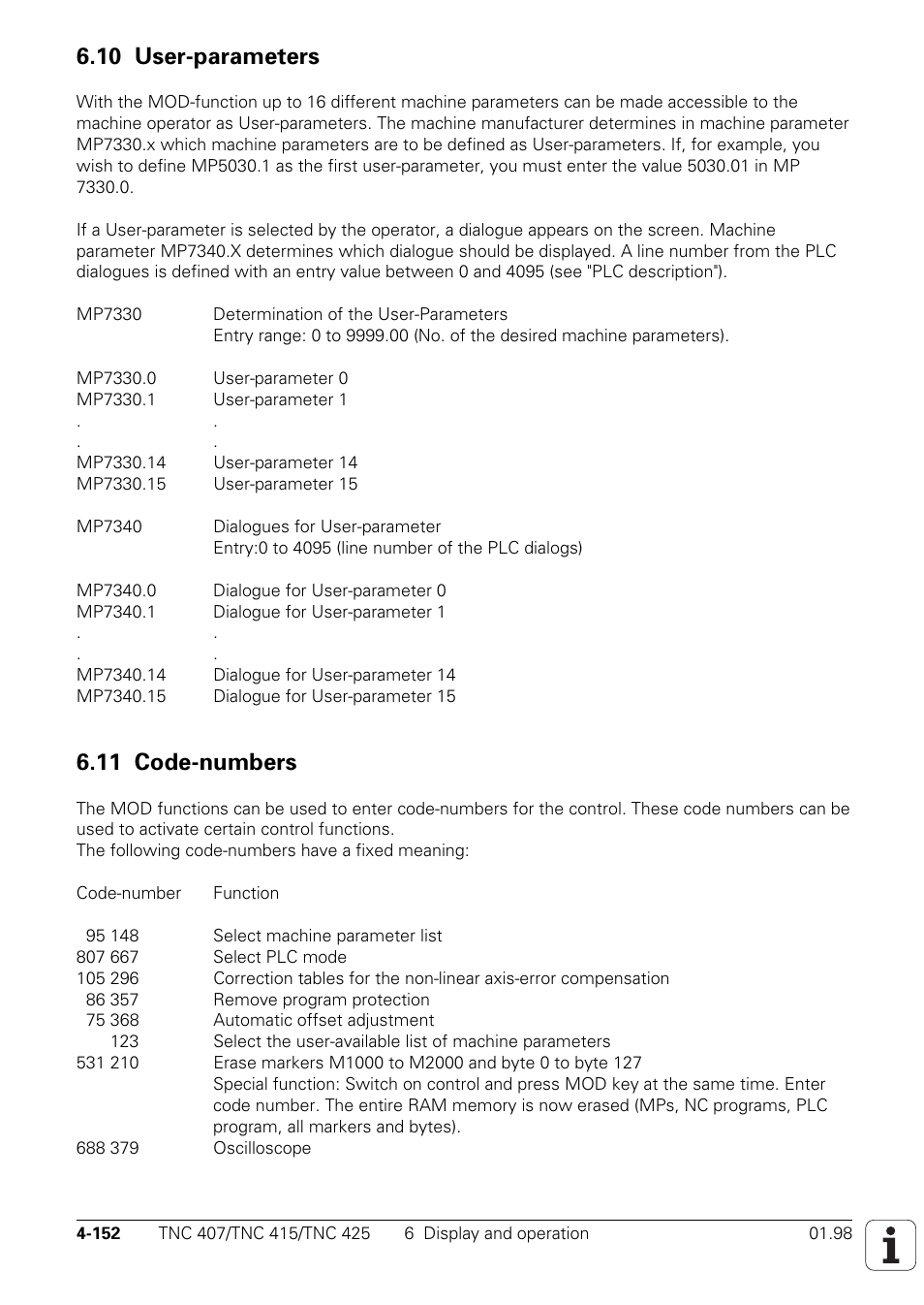 10 user-parameters, 11 code-numbers | HEIDENHAIN TNC 407 (243 020) Technical Manual User Manual | Page 277 / 752